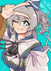 Rule 34 | absurdres, black ribbon, blue hat, blue skirt, breasts, clenched teeth, dated, from above, grey hair, gurajio, hair between eyes, hair ribbon, hat, highres, japanese clothes, kariginu, large breasts, layered clothes, layered sleeves, looking at viewer, looking up, mononobe no futo, neck ribbon, one eye closed, pom pom (clothes), ponytail, ribbon, ribbon-trimmed sleeves, ribbon trim, signature, simple background, skirt, smile, tate eboshi, teeth, touhou, v, white ribbon