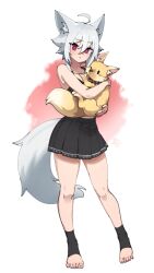Rule 34 | 1girl, :&lt;, absurdres, ahoge, animal, animal ear fluff, animal ears, animal hug, bare arms, bare shoulders, black skirt, black socks, closed mouth, collarbone, commentary, commission, difman, english commentary, fox, full body, grey hair, hair between eyes, highres, looking at viewer, nail polish, no shoes, original, pleated skirt, purple eyes, purple nails, simple background, skirt, socks, solo, standing, stirrup legwear, tail, toeless legwear, white background