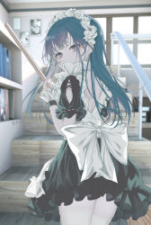 Rule 34 | 1girl, absurdres, apron, backless dress, backless outfit, book, bookshelf, broom, cafe, ceey, dress, frilled dress, frills, highres, indoors, long hair, looking at viewer, maid, maid apron, maid headdress, original, ribbon, short dress, short sleeves, solo, stairs, thighhighs, uniform, waist apron, white thighhighs, window