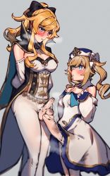Rule 34 | 2girls, barbara (genshin impact), bare shoulders, blonde hair, blue eyes, blush, breasts, bulge, cleavage, cum, cum in clothes, detached collar, dress, erection, erection under clothes, futanari, genshin impact, hands on own chest, height difference, highres, incest, jean (genshin impact), long hair, looking at another, medium breasts, mirin chikuwa, multiple girls, pants, penis, penis and testicles touching, penis size difference, ponytail, siblings, sidelocks, simple background, sisters, small breasts, tagme, testicles, twintails, uncensored, white dress, white headwear, white pants