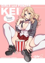 Rule 34 | 1girl, :q, blonde hair, blouse, blue eyes, blush, collared shirt, copyright name, fishine, food, girls und panzer, hair intakes, kay (girls und panzer), long hair, looking at viewer, necktie, no bra, pink background, pleated skirt, popcorn, popped collar, school uniform, shirt, simple background, sitting, skindentation, skirt, sleeves rolled up, solo, spread legs, thighhighs, tongue, tongue out, white shirt, white thighhighs
