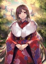 Rule 34 | 1girl, brown hair, essual (layer world), fate/grand order, fate (series), fur-trimmed kimono, fur trim, highres, japanese clothes, kimono, long hair, nail polish, own hands together, red eyes, red nails, slit pupils, solo, very long hair, yu mei-ren (fate)