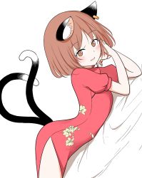 Rule 34 | 1girl, animal ears, arched back, blush, brown eyes, brown hair, cat ears, cat tail, chen, china dress, chinese clothes, dress, ear piercing, eyes visible through hair, floral print, hands in hair, looking at viewer, multiple tails, nekomata, open mouth, piercing, red dress, shiisuu rattamu, short hair, solo, tail, thighs, touhou, two tails