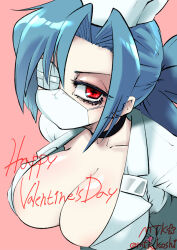Rule 34 | 1girl, blue hair, breasts, choker, cleavage, collarbone, eyepatch, hair over one eye, half-closed eyes, hat, large breasts, mouth mask, mtk hoshi, nurse cap, pink background, ponytail, red eyes, skullgirls, solo, surgical mask, valentine, valentine&#039;s day, valentine (skullgirls)