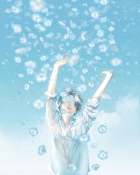 Rule 34 | 1boy, arms up, artist name, blue flower, blue sky, blue theme, blurry, blurry foreground, breast pocket, cloud, cloudy sky, commentary request, covered eyes, day, depth of field, dress shirt, falling, floating hair, flower, grey hair, light particles, light smile, male focus, mixed-language commentary, nemophila (flower), original, outdoors, outstretched arms, pocket, rido (ridograph), shirt, sky, sleeves rolled up, solo, upper body, watermark, web address, white shirt