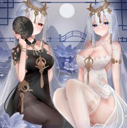 Rule 34 | 2girls, arms behind back, azur lane, black dress, black pantyhose, black vs white, blue eyes, blush, braid, breasts, chinese commentary, cleavage, closed mouth, dress, dual persona, emden (azur lane), emden (moonsilver union) (azur lane), feet out of frame, hair ornament, hand fan, highres, holding, holding fan, long hair, looking at viewer, medium breasts, multiple girls, official alternate costume, pantyhose, red eyes, simple background, sitting, thighhighs, thighs, very long hair, white dress, white hair, white thighhighs, winter eclipse
