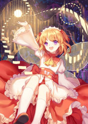Rule 34 | 1girl, :d, blonde hair, bow, dress, fairy wings, hair bow, headdress, highres, juliet sleeves, layered dress, long sleeves, maid headdress, mirror (xilu4), obi, open mouth, puffy sleeves, purple eyes, red bow, red footwear, sash, shoes, short hair, smile, socks, solo, sunny milk, touhou, twintails, white socks, wide sleeves, wings