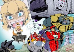 Rule 34 | 3girls, 6+boys, ahoge, anger vein, armlet, artoria pendragon (all), artoria pendragon (fate), black dress, blonde hair, blue background, bowsette, bracelet, braid, breasts, brown hair, cape, chasing, cleavage, colored sclera, commentary, crazy smile, crossed arms, crossover, darth vader, dr. eggman, dragon ball, dress, emphasis lines, facial hair, fate/stay night, fate (series), flat color, fleeing, forked eyebrows, french braid, frieza, hat, helmet, highres, hover vehicle, jewelry, jitome, kamizono (spookyhouse), kantai collection, kongou (kancolle), long hair, m. bison, mario (series), marvel, megatron, multiple boys, multiple crossover, multiple girls, mustache, new super mario bros. u deluxe, nintendo, no pupils, nontraditional miko, open mouth, peaked cap, pointy ears, projected inset, red sclera, robot, saber (fate), shaded face, sharp teeth, smile, sonic (series), spiked armlet, spiked bracelet, spikes, standing, standing on one leg, star wars, street fighter, super crown, sweatdrop, teeth, thanos, thick eyebrows, transformers