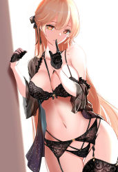 Rule 34 | 1girl, black bra, black gloves, black panties, black ribbon, blonde hair, bra, breasts, cleavage, collarbone, commentary request, covered navel, fatkewell, finger to mouth, garter belt, garter straps, girls&#039; frontline, gloves, hair ribbon, heart, heart-shaped pupils, highres, lace, lace bra, lace gloves, lace panties, large breasts, lingerie, long hair, ots-14 (girls&#039; frontline), panties, parted lips, ribbon, see-through, solo, symbol-shaped pupils, thighhighs, underwear, underwear only, very long hair, yellow eyes