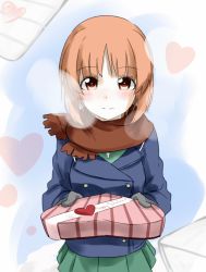 Rule 34 | 10s, 1girl, absurdres, blue coat, blurry, blurry background, blush, breath, brown scarf, closed mouth, coat, commentary, cursive, english commentary, english text, envelope, foreshortening, girls und panzer, giving, gloves, green skirt, grey gloves, hachikirra, heart, highres, holding, italian commentary, light blush, long sleeves, looking at viewer, miniskirt, nishizumi miho, ooarai school uniform, paper, pleated skirt, scarf, school uniform, short hair, skirt, smile, solo, standing, valentine, winter uniform