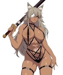 Rule 34 | 1girl, abs, animal ears, areola slip, azmi yudista, bare shoulders, between breasts, bondage outfit, breasts, cat ears, cat girl, collarbone, commission, contrapposto, cross-laced clothes, cross-laced panties, dark-skinned female, dark skin, eyepatch, facial scar, female focus, ghislaine dedoldia, gluteal fold, grey hair, harness, highleg, highleg panties, highres, holding, holding sword, holding weapon, large breasts, long hair, looking at viewer, mushoku tensei, navel, o-ring, o-ring top, one-eyed, over shoulder, panties, parted lips, pentagram, red eyes, scar, scar on cheek, scar on face, scar on stomach, sheath, sheathed, skindentation, solo, strap between breasts, sword, sword over shoulder, thigh strap, thighs, toned, underwear, weapon, weapon over shoulder, white background