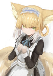 Rule 34 | 1girl, absurdres, alternate costume, animal ear fluff, animal ears, apron, arknights, black dress, blonde hair, blue hairband, blue ribbon, braid, braided hair rings, collared dress, commentary request, dress, enmaided, fox ears, fox girl, fox tail, frilled hairband, frills, green eyes, hair between eyes, hair rings, hairband, hands up, highres, juliet sleeves, kitsune, long sleeves, looking at viewer, maid, multicolored hair, neck ribbon, piennamekuzi, puffy sleeves, ribbon, sketch, solo, suzuran (arknights), tail, two-tone hair, white apron, white hair