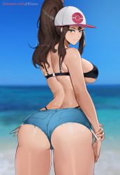 Rule 34 | 1girl, artist name, ass, back, bare shoulders, baseball cap, beach, black bra, blue eyes, blurry, blush, bra, breasts, brown hair, creatures (company), denim, denim shorts, depth of field, from behind, game freak, hat, highres, hilda (pokemon), huge ass, kisou (kisou00), large breasts, long hair, nintendo, outdoors, pokemon, pokemon bw, ponytail, short shorts, shorts, smile, solo, thick thighs, thighs, thong, underwear, water, whale tail (clothing)
