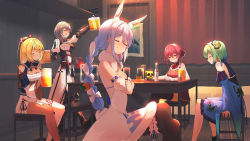 Rule 34 | 5girls, absurdres, alcohol, animal ears, arm up, ascot, beer, beer mug, black pantyhose, black thighhighs, blonde hair, blue dress, blue hair, bottle, bow, braid, breasts, carrot hair ornament, chair, closed eyes, closed mouth, clothing cutout, commentary request, crossed arms, crossed legs, cup, dark-skinned female, dark skin, detached sleeves, dress, drunk, elf, food-themed hair ornament, green hair, hair bow, hair bun, hair ornament, highres, holding, holding cup, hololive, hololive fantasy, houshou marine, indoors, jacket, large breasts, long hair, looking away, medium breasts, medium hair, mug, multicolored hair, multiple girls, open mouth, pantyhose, pointy ears, ponytail, rabbit ears, red ascot, red eyes, red hair, red jacket, red skirt, shiranui flare, shiranui flare (old design), shirogane noel, shirogane noel (1st costume), short eyebrows, shoulder cutout, sidelocks, single hair bun, single thighhigh, sitting, skirt, skull cup, skull hair ornament, sleeveless, sleeveless jacket, smile, standing, streaked hair, table, thick eyebrows, thighhighs, twin braids, twintails, two-tone hair, uruha rushia, uruha rushia (1st costume), usada pekora, usada pekora (1st costume), virtual youtuber, white bow, white dress, white hair, white legwear, wide sleeves, yoruillust