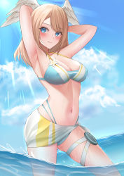 Rule 34 | 1girl, absurdres, armpits, arms behind head, asymmetrical bangs, bikini, blue bikini, blue eyes, breasts, brown hair, cleavage, closed mouth, cloud, eunie (xenoblade), feathered wings, head wings, highres, large breasts, long hair, looking at viewer, navel, ocean, official alternate costume, partially submerged, partially underwater shot, shizukugu03, smile, solo, sunlight, swimsuit, thigh strap, two-tone bikini, white bikini, white wings, wings, xenoblade chronicles (series), xenoblade chronicles 3