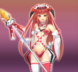 Rule 34 | &gt;:d, 1girl, :d, beatmania, beatmania iidx, blush, breasts, cowboy shot, detached sleeves, gloves, gradient background, hand on own hip, holding, holding weapon, km (km517), long hair, looking at viewer, navel, open mouth, outline, polearm, red eyes, red hair, small breasts, smile, solo, spear, thighhighs, umegiri ameto, v-shaped eyebrows, very long hair, weapon, white gloves