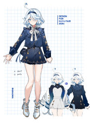 Rule 34 | 1girl, :d, ahoge, ankle boots, arm at side, ascot, bag, black overalls, black shorts, blue ascot, blue eyes, blue gemstone, blue hair, blue hairband, blue jacket, blue pupils, blue shirt, boots, bow, brooch, character sheet, closed mouth, collared shirt, commentary request, cropped legs, drop-shaped pupils, english text, eyes visible through hair, footwear bow, frilled jacket, frilled shirt collar, frilled sleeves, frills, full body, furina (genshin impact), gem, genshin impact, hair between eyes, hair intakes, hairband, heterochromia, highres, jacket, jewelry, light blue hair, long hair, long sleeves, looking at viewer, multicolored hair, multiple views, neck ribbon, necklace, off shoulder, open hand, open mouth, outstretched arm, overall shorts, overalls, ribbon, shirt, short hair, shorts, shoulder bag, sleeve cuffs, smile, solo, standing, straight-on, strapless, streaked hair, swept bangs, symbol-shaped pupils, twitter username, ueauwa, variations, wavy hair, white background, white footwear, white hair, white jacket, white overalls, white ribbon, white shirt