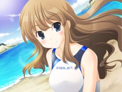 Rule 34 | 1girl, beach, blue eyes, blush, breasts, brown hair, cliff, cloud, game cg, kanae riho, koi to mizugi to taiyo to, large breasts, long hair, looking at viewer, ocean, one-piece swimsuit, outdoors, sand, sky, smile, solo, sunlight, swimsuit, water, waves