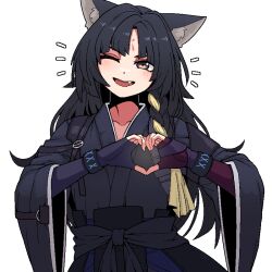 Rule 34 | 1girl, animal ears, arknights, black hair, black shirt, bracelet, dog ears, dog girl, emphasis lines, facial mark, fang, fingerless gloves, forehead mark, formicid, gloves, hands up, heart, heart hands, infection monitor (arknights), japanese clothes, jewelry, long hair, looking at viewer, one eye closed, open mouth, purple gloves, saga (arknights), shirt, solo, straight-on, upper body, white background, yellow eyes