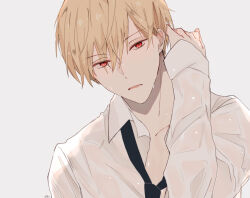 Rule 34 | 1boy, black necktie, blonde hair, collar, collarbone, collared shirt, fate/grand order, fate (series), gilgamesh (fate), grey background, hair between eyes, highres, long sleeves, looking at viewer, loose necktie, male focus, necktie, open mouth, partially unbuttoned, red eyes, shirt, short hair, shu (oshigoto boshuuchuu), solo, solo focus, wet, wet clothes, white shirt