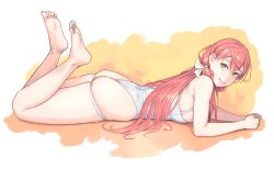 Rule 34 | 1girl, akashi (kancolle), alternate costume, ass, bare arms, bare legs, bare shoulders, barefoot, breasts, commentary request, feet, from side, full body, green eyes, hair ribbon, highres, kantai collection, large breasts, long hair, looking at viewer, lying, on stomach, one-piece swimsuit, pink hair, ribbon, simple background, skindentation, smile, soles, solo, swimsuit, the pose, thighhighs, toes, tress ribbon, very long hair, white one-piece swimsuit, yuuji (and)