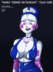 Rule 34 | 1girl, alcasar-reich, ballerina, ballora (fnaf), blue hair, blush, blush stickers, bra, breasts, earrings, five nights at freddy&#039;s, five nights at freddy&#039;s: sister location, jewelry, large breasts, pink eyes, robot, simple background, underwear