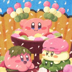 Rule 34 | :d, :i, :o, arms up, blue eyes, blush, blush stickers, bowl, brown eyes, closed eyes, closed mouth, commentary request, dango, falling petals, food, highres, holding, holding food, kirby, kirby (series), leaf, looking at viewer, lying, miclot, nintendo, no humans, on stomach, open mouth, petals, sakura mochi, sanshoku dango, smile, stack, v-shaped eyebrows, wagashi