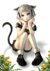 Rule 34 | 1girl, akubi (fyfy), animal ears, bad id, bad pixiv id, blonde hair, blue eyes, cat ears, cat girl, cat tail, censored, convenient censoring, convenient leg, dandelion, female focus, flower, full body, fur trim, gradient background, headphones, looking at viewer, original, pigeon-toed, plant, shadow, shorts, sitting, solo, tail, white background