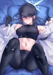 Rule 34 | 1girl, absurdres, bare shoulders, baseball cap, bed sheet, black gloves, black hat, black pants, black shirt, blue archive, blue eyes, blue hair, coat, commentary, crop top, feet out of frame, gloves, hands up, hat, highres, leggings, long hair, looking at viewer, lying, midriff, navel, off shoulder, okuma707, on back, open clothes, open coat, pants, pillow, saori (blue archive), shirt, sleeveless, sleeveless shirt, solo, stomach, thighs, white coat