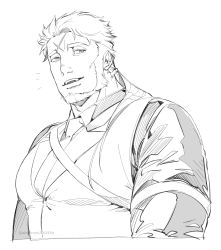 Rule 34 | 1boy, bara, beard, collared shirt, commentary request, cropped torso, cross scar, facial hair, fangs, greyscale, highres, kresnik (housamo), large pectorals, long hair, low ponytail, male focus, mature male, monochrome, muscular, muscular male, nakanakana, necktie, notice lines, pectorals, scar, scar on face, scar on forehead, shirt, simple background, smile, solo, tokyo houkago summoners, twitter username, upper body, vest, white background