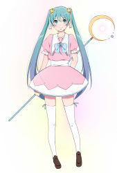 Rule 34 | 1girl, alternate costume, bow, bowtie, full body, fuu (07199382), green eyes, green hair, hair ornament, hair ribbon, hatsune miku, highres, long hair, looking at viewer, magical girl, matching hair/eyes, ribbon, shoes, smile, solo, staff, standing, star (symbol), star hair ornament, thighhighs, twintails, very long hair, vocaloid, white thighhighs, zettai ryouiki