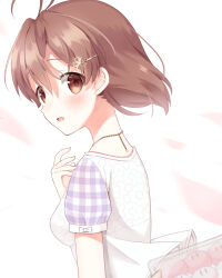 Rule 34 | 1girl, alternate costume, antenna hair, blush, brown eyes, brown hair, casual, clannad, commentary, dango daikazoku, floating hair, from side, furukawa nagisa, hair between eyes, hair ornament, hairclip, hand up, haruchimo, highres, jewelry, looking at viewer, necklace, open mouth, shirt, short hair, short sleeves, simple background, solo, surprised, upper body, white background, white day, white shirt