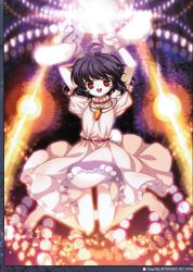 Rule 34 | 1girl, animal ears, barefoot, black hair, blush stickers, capura lin, carrot, danmaku, female focus, highres, imperishable night, inaba tewi, non-web source, open mouth, puffy sleeves, rabbit ears, rabbit girl, rabbit tail, red eyes, scan, scanlines, short hair, short sleeves, solo, tail, touhou, wristband