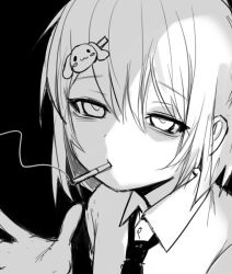 Rule 34 | 1girl, black background, cigarette, collared shirt, expressionless, greyscale, hair ornament, half-closed eyes, hand up, looking at viewer, monochrome, mouth hold, necktie, ompf, original, portrait, rabbit hair ornament, shirt, short hair, simple background, smoking, solo