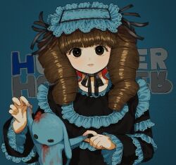 Rule 34 | 1girl, biscuit krueger, bisque doll, blood, bright pupils, broken, brown hair, copyright name, doll, dress, drill hair, empty eyes, expressionless, frilled dress, frilled sleeves, frills, hands up, highres, holding, holding doll, hunter x hunter, long hair, looking at viewer, official alternate eye color, official alternate hair color, official alternate hairstyle, qn ui3, solo, stuffed animal, stuffed rabbit, stuffed toy, twintails, upper body