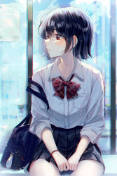 Rule 34 | 1girl, absurdres, bag, bbeedol, black hair, black skirt, blue sky, blush, bow, bowtie, chromatic aberration, closed mouth, highres, looking to the side, original, pleated skirt, red bow, red bowtie, red eyes, school bag, school uniform, shirt, short hair, shoulder bag, sitting, skirt, sky, solo, tears, thighs, uniform, white shirt