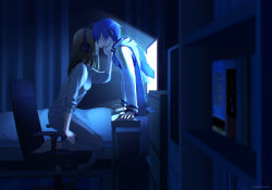 Rule 34 | 1boy, 1girl, arm support, bed, blue hair, blue scarf, blush, bookshelf, brown hair, chair, closed eyes, coat, commentary, computer, curtains, faceless, faceless female, forehead-to-forehead, headphones, heads together, headset, indoors, kaito (vocaloid), keyboard (computer), kneeling, leaning forward, master (vocaloid), medium hair, monitor, night, nokuhashi, office chair, scarf, screen light, shelf, swivel chair, through medium, through screen, vocaloid, white coat