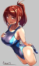 Rule 34 | 1girl, a.nori, arms behind back, blue one-piece swimsuit, breasts, brown eyes, brown hair, collarbone, competition swimsuit, cropped legs, goggles, unworn goggles, grey background, highres, large breasts, long hair, looking at viewer, one-piece swimsuit, open mouth, original, ponytail, signature, simple background, smile, solo, swimsuit