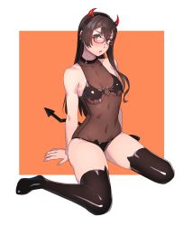 Rule 34 | 1girl, alternate costume, bare arms, bare shoulders, black hair, black thighhighs, blush, breasts, commentary request, demon girl, demon horns, demon tail, full body, glasses, gold trim, green eyes, groin, heart o-ring, heart ring top, highres, horns, kantai collection, legs, leotard, long hair, looking at viewer, navel, ooyodo (kancolle), open mouth, orange background, see-through, semi-rimless eyewear, shiny clothes, simple background, sitting, skindentation, small breasts, solo, tail, thighhighs, under-rim eyewear, wariza, white background, yuuji (and)