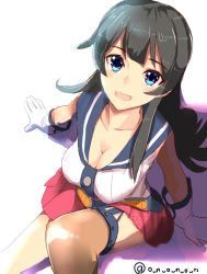 Rule 34 | 10s, 1girl, agano (kancolle), black hair, blue eyes, breasts, cleavage, collarbone, gloves, kantai collection, large breasts, long hair, md5 mismatch, miniskirt, on (ramen), resized, school uniform, serafuku, single thighhigh, skirt, smile, solo, thighhighs, twitter username, uniform