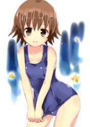 Rule 34 | 10s, 1girl, brown eyes, brown hair, clothes pull, hat, highres, naka (cheeseyeast), one-piece swimsuit, one-piece swimsuit pull, santa hat, sawatari fuu, school swimsuit, shiny clothes, short hair, solo, swimsuit, tamayura