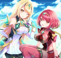 Rule 34 | 2girls, backless outfit, bare shoulders, black gloves, black pantyhose, blonde hair, bob cut, breasts, chest jewel, dangle earrings, dress, earrings, elbow gloves, fingerless gloves, gem, gloves, headpiece, highres, jewelry, large breasts, pantyhose under shorts, long hair, multiple girls, mythra (massive melee) (xenoblade), mythra (xenoblade), norimaki (nrmk norinori), pantyhose, pyra (xenoblade), red eyes, red hair, red shorts, short dress, short hair, short shorts, short sleeves, shorts, sleeveless, sleeveless dress, swept bangs, thigh strap, thighhighs, thighhighs over pantyhose, tiara, very long hair, white dress, white gloves, xenoblade chronicles (series), xenoblade chronicles 2, yellow eyes