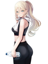 Rule 34 | 1girl, alternate hairstyle, ass, back, black pants, blonde hair, blue eyes, bottle, breasts, cowboy shot, hair between eyes, highres, kantai collection, long hair, looking at viewer, looking back, looking to the side, medium breasts, mole, mole under eye, pants, ponytail, ranran 3939, richelieu (kancolle), simple background, solo, sports bra, towel, water bottle, white background, yoga pants