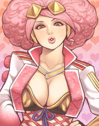 Rule 34 | 1girl, afro, bad id, bad pixiv id, big hair, bra, breasts, brown eyes, cleavage, comb, cropped jacket, eyelashes, eyeshadow, hair ornament, heart, heart background, koshoushou, large breasts, lips, lipstick, makeup, maou alba, pink hair, puckered lips, sengoku musou, sengoku musou 4, solo, strapless, strapless bra, underwear