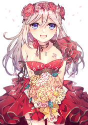 Rule 34 | 1girl, :d, alisa ilinichina amiella, alternate costume, arm ribbon, asymmetrical clothes, bangle, black ribbon, blue eyes, blurry, blurry background, bouquet, bracelet, breasts, bubble skirt, choker, cleavage, collarbone, commentary, cowboy shot, dated, dress, flower, glint, god eater, hair between eyes, happy birthday, head wreath, highres, holding, holding bouquet, io (1033k), jewelry, large breasts, long hair, looking at viewer, nail polish, open mouth, red dress, red flower, red nails, red rose, ribbon, ribbon choker, rose, see-through, sidelocks, silver hair, simple background, skirt, smile, solo, sparkle, standing, strapless, strapless dress, thigh beads, white background, white flower, white rose, yellow ribbon