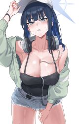 1girl absurdres armpits bare_shoulders baseball_cap between_breasts black_camisole black_hair blue_archive blue_eyes blue_hair blue_shorts blunt_bangs blush breasts camisole cleavage collarbone cowboy_shot denim denim_shorts halo hand_on_headwear hat headphones headphones_around_neck highres jacket jewelry large_breasts long_hair long_sleeves looking_at_viewer makarony multicolored_hair off_shoulder official_alternate_costume open_clothes open_jacket parted_lips saori_(blue_archive) saori_(swimsuit)_(blue_archive) short_shorts shorts sidelocks simple_background solo standing sweat thighs white_background white_hat