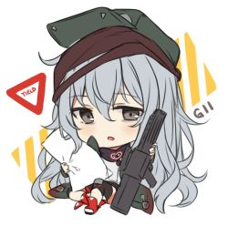 Rule 34 | 1girl, assault rifle, bad id, bad twitter id, blush, boots, brown eyes, bullpup, caseless firearm, chibi, commentary, english commentary, english text, flat cap, full body, g11 (girls&#039; frontline), girls&#039; frontline, green hat, green jacket, grey hair, gun, h&amp;k g11, hair between eyes, hat, hitsukuya, holding, holding gun, holding pillow, holding weapon, horizontal magazine, jacket, looking at viewer, name connection, object namesake, parted lips, personification, pillow, prototype design, red footwear, rifle, shirt, sitting, solo, weapon, white background, white shirt