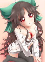Rule 34 | 1girl, :o, absurdres, ahoge, bare shoulders, black hair, black thighhighs, blush, bow, breasts, evandragon, hair bow, highres, long hair, looking at viewer, off shoulder, open clothes, open shirt, red eyes, reiuji utsuho, shirt, sitting, solo, thighhighs, third eye, touhou, undressing, very long hair, wariza