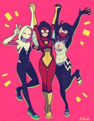 Rule 34 | 3girls, absurdres, animification, bodysuit, boots, breasts, cindy moon, closed eyes, commentary, covered navel, flats, full body, gwen stacy, highres, holding hands, hood, hooded bodysuit, jessica drew, looking at viewer, marvel, mask, medium breasts, mouth mask, multiple girls, silk (marvel), smile, spider-gwen, spider-man (series), spider-woman, standing, superhero costume, sushi pizza rrr, symbol-only commentary, v
