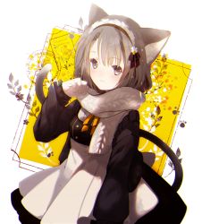 Rule 34 | 1girl, animal ear fluff, animal ears, apron, black dress, black jacket, blush, brown hair, cat ears, cat girl, cat tail, closed mouth, commentary request, dress, grey eyes, grey scarf, hand up, jacket, long sleeves, looking at viewer, maid headdress, open clothes, open jacket, original, pleated skirt, scarf, skirt, smile, solo, tail, white apron, yuzuyomogi